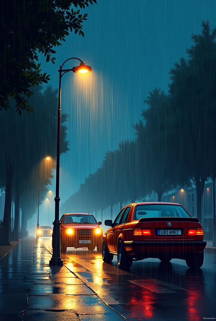 Pluie battante qui tomberait sur des voitures de nuit avec un lampadaire en guise d'éclairage les voitures de face, elle appuie très bien détaillée. Un léger est fait devant de gauche à droite dans un style graphique. Bande dessinée française 2D les couleurs de la pluie doivent bien ressortir et sembler être crayonné au crayon couleur