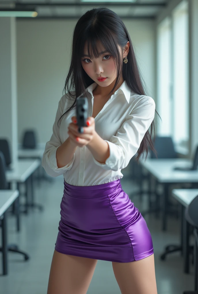 camera back view facing real person eyes open realistic beautiful japanese office lady white shirt tight mini skirt satin violet stance legs open spreading arms straighten full portrait holding rifle gun back view facing sexy legs waist level aiming target point at you