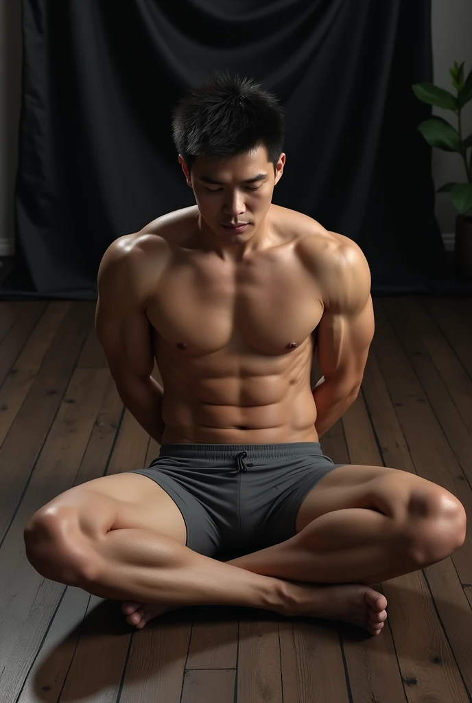 Upper camera angle
A super realistic image of a 2 muscular arafed Asian man with a fair skin tone and wide shoulders. He is sitting on the floor with his legs crossed and spread wide apart. His hands is behind is body and hands taking support from floor, hands are wide open and body taking full weight support from hands . The man is wearing gray full gym lower, The setting is in a room with a black cloth background and wooden floor. The camera angle is from the top, capturing the entire scene with a focus on the man's posture and physique. The room is designed with a super realistic style, emphasizing details in the environment and the subject's body.