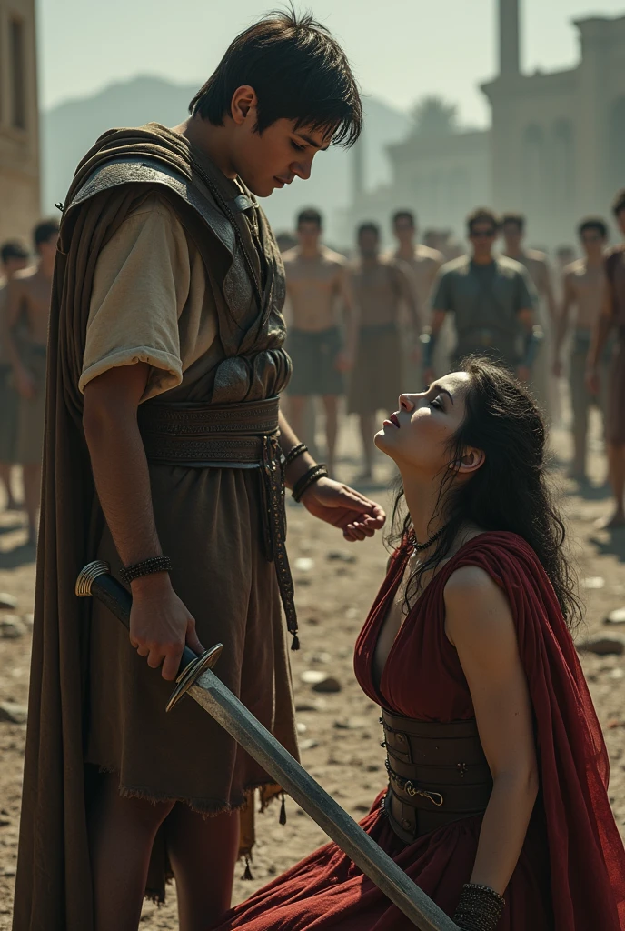 Realism, super quality, action photography style, a defeated woman kneels, her son () holds the tip of a sword to a woman's throat, knife stab in the throat, Her head is thrown back strongly, the woman has a large manly Adam's apple, (woman is 30 year old warrior, throat slit, gothic makeup, pale skin, long hair) (son is ) ancient greece battle