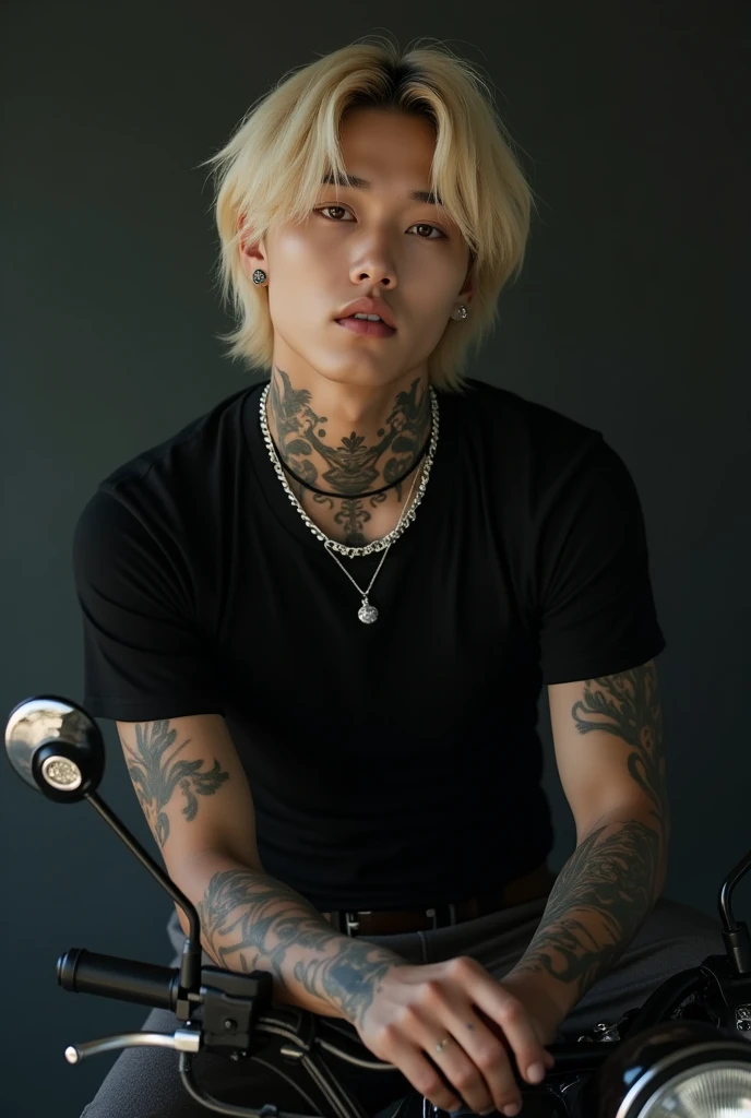 jungkook the bts, Beautiful, tender, with soft features, white and on a motorcycle, with tattoos on the neck and arms, piercing and medium blonde hair, muscles and black t-shirt, in sexy position and black background

