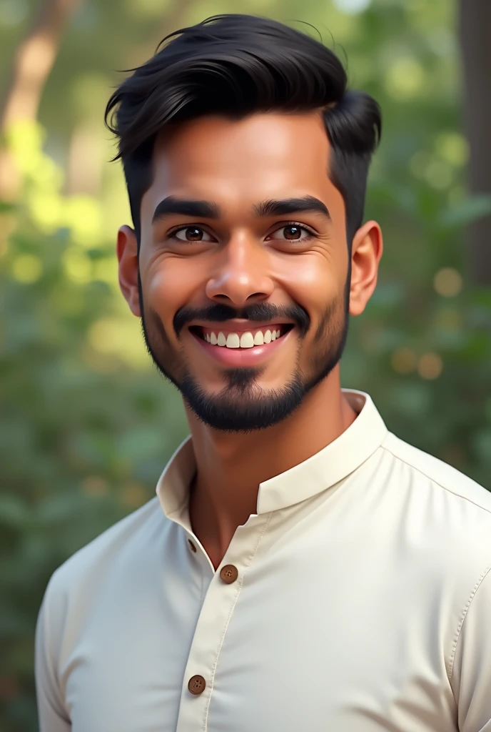 Create a portrait of a South Asian man with short black hair, neatly styled with a slight part on one side. He has warm, dark eyes, a thin mustache, and a well-groomed goatee. The man is smiling gently, showing a friendly expression. He is wearing a white collarless shirt or kurta. The background should be slightly out of focus, suggesting an outdoor setting with green foliage visible.