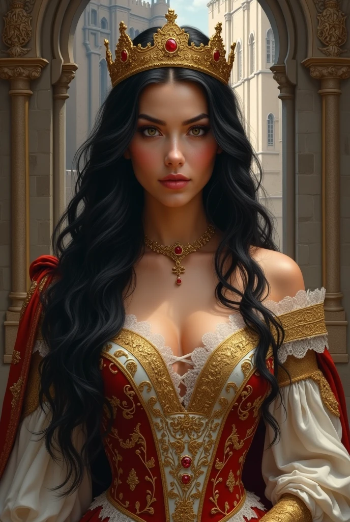 Create an image of Hayley Marshall as a princess in medieval times with long black hair