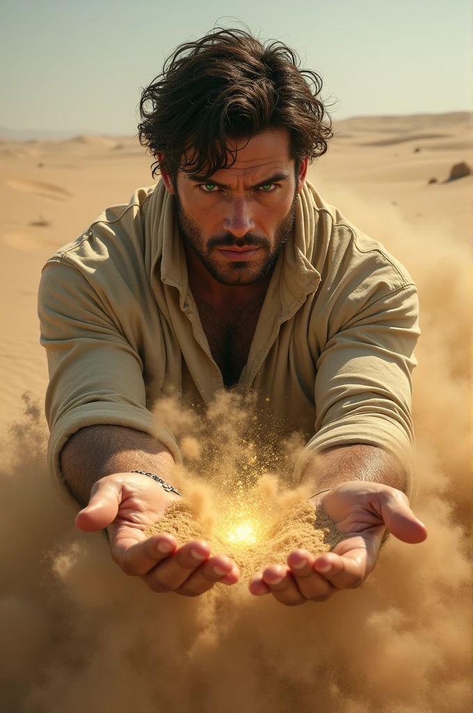 Male dark brown messy hair green eyes manipulating sand