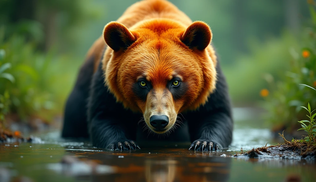 bear captured in a lush green jungle, the bear is in the middle of the photo, lively gaze, with a reflection of water.  head down and looking straight ahead, The bear's fur is a bright orange and black, with a lively gaze and striking green eyes. The image is sharp and detailed, with a cinematic quality. The background is blurred, creating a sense of depth and focus on the bear, breathtaking images, high definition. (ultra realistic) extreme details, (best quality, 4k, 8k, high resolution, masterpiece: 1.5)