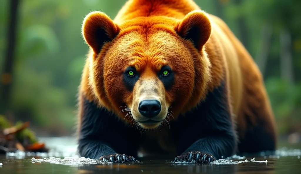 bear captured in a lush green jungle, the bear is in the middle of the photo, lively gaze, with a reflection of water. head down and looking straight ahead, The bear's fur is a bright orange and black, with a lively gaze and striking green eyes. The image is sharp and detailed, with a cinematic quality. The background is blurred, creating a sense of depth and focus on the bear, breathtaking images, high definition. (ultra realistic) extreme details, (best quality, 4k, 8k, high resolution, masterpiece: 1.5)