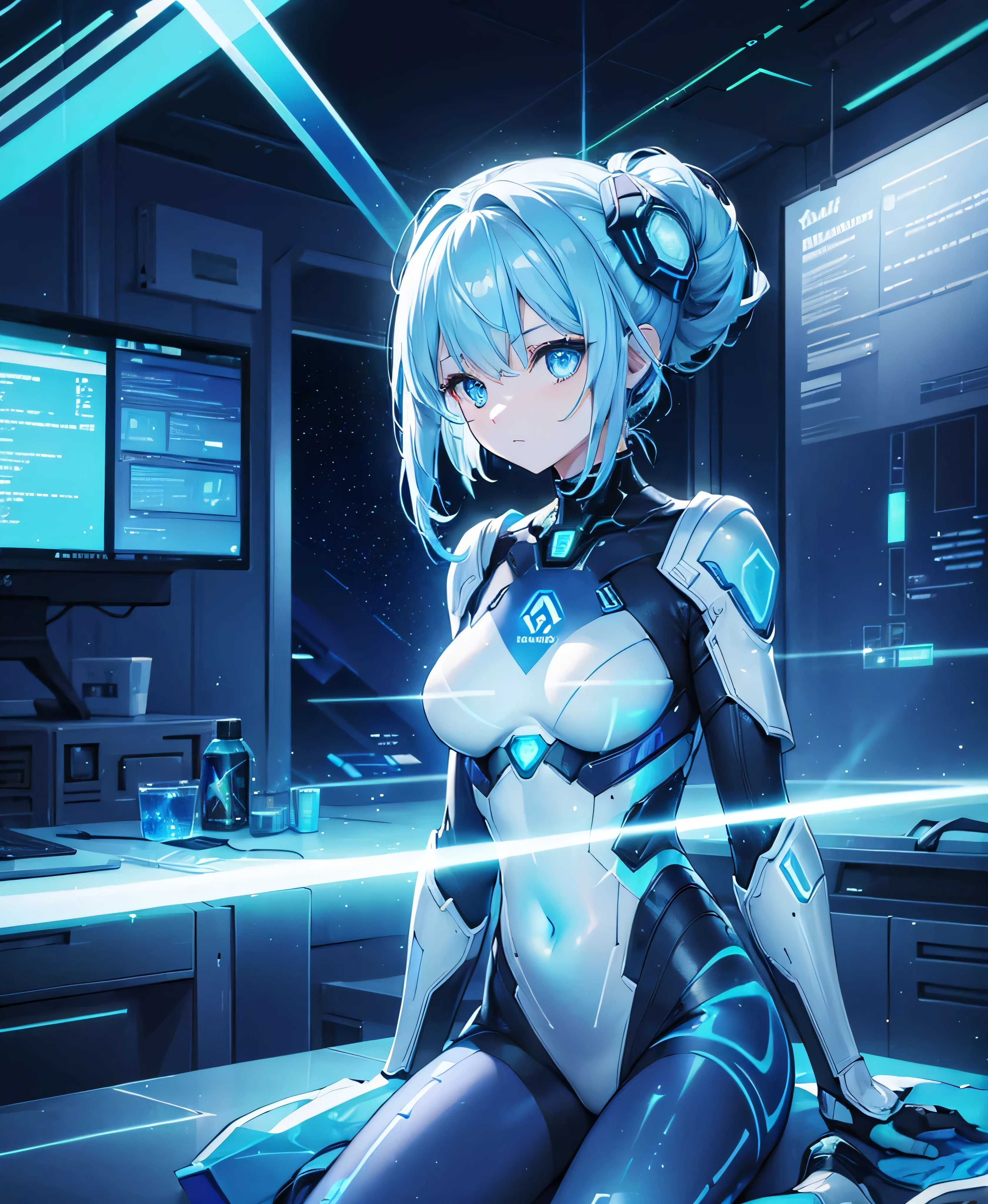 ((Holographic glow effect)),8k, Highest quality, (real:1.4), Original photo, 1 person, Asari Hair, Biological Amplifier, refined armor, posture: Peace talks between warring factions, smart blue eyes,whole body