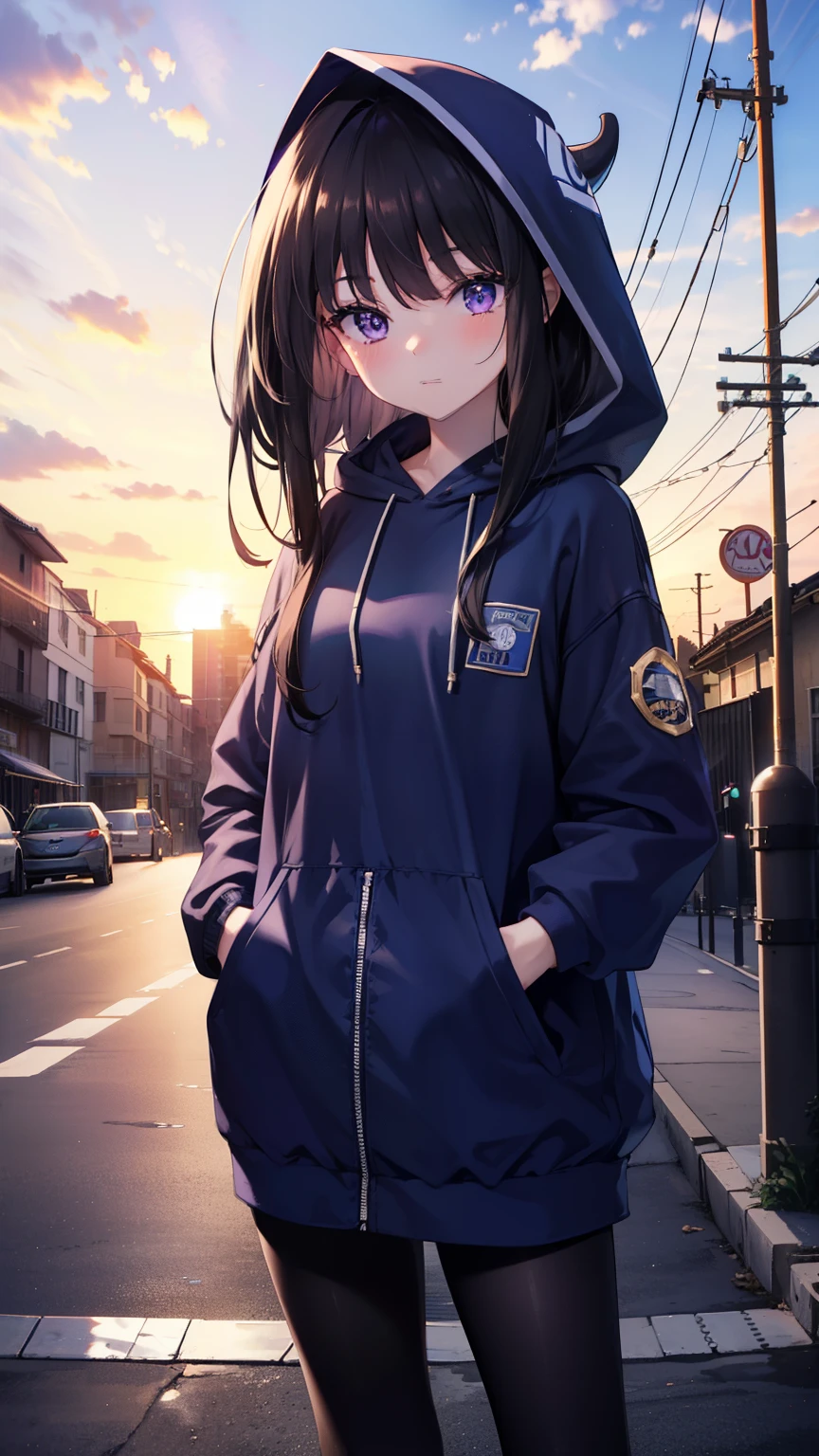 Takiuchi Kame, check it out, long hair, bangs, black hair, (purple eyes:1.2),blush,smile,happy atmosphere,Blue hoodie,hood up,Short denim pants with the back hair tucked into the hood,black pantyhose,short boots,evening,sunset,the sun is setting,Both hands are in the pockets of the hoodie,
break outdoors, In town,building street,
break looking at viewer, (cowboy shot:1.5),
break (masterpiece:1.2), highest quality, High resolution, unity 16k wallpaper, (figure:0.8), (detailed and beautiful eyes:1.6), highly detailed face, perfect lighting, Very detailed CG, (perfect hands, perfect anatomy), 