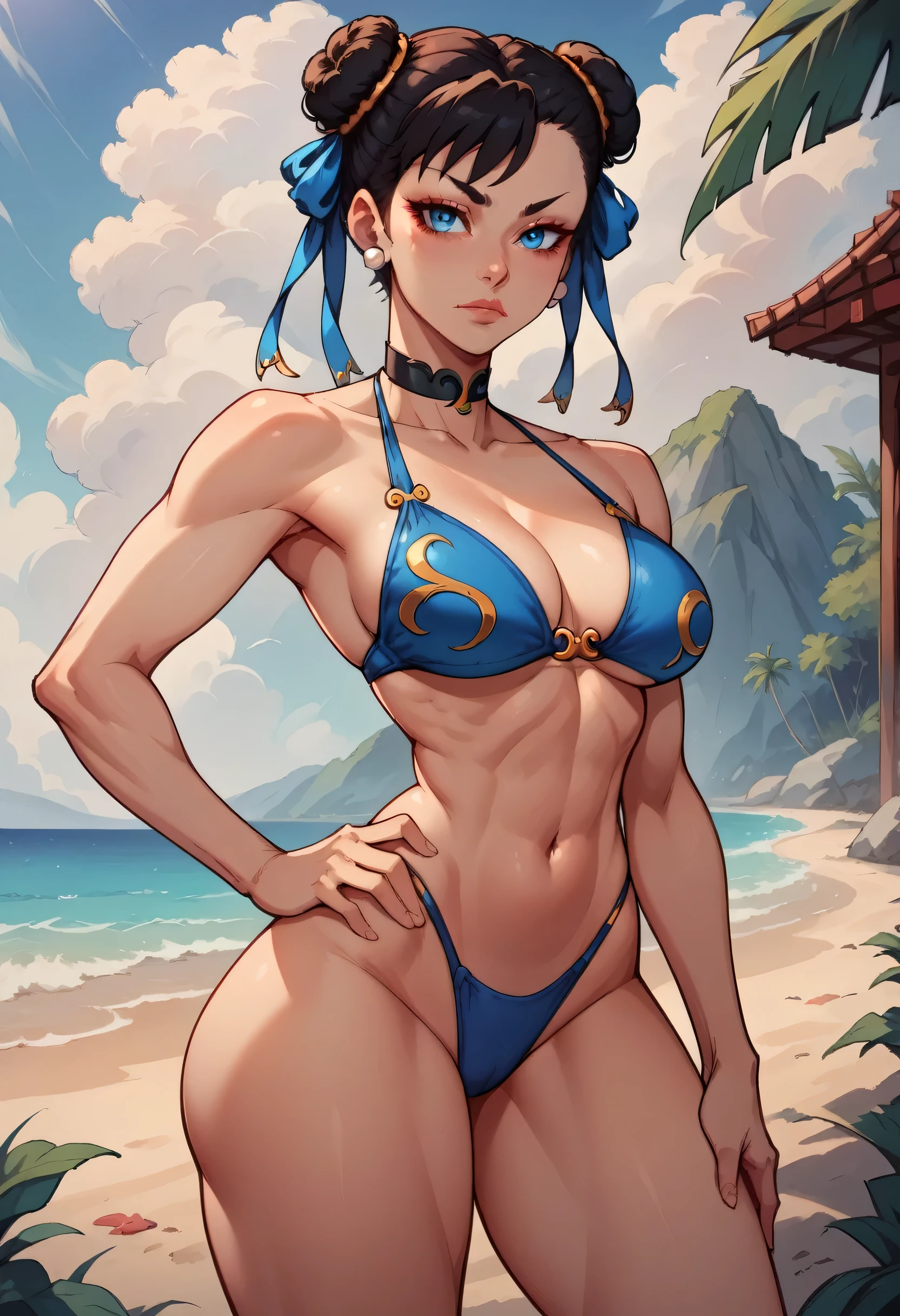 Chun li sf6, choker, 1 girl, standing alone, looking ahead at viewer, blue colored eyes, black hair, hand on hip, black choker, shorth hair, tummy, (((standing backwards))), Big boobs, big-ass, focus on the boobs, blue bikini, in the beach