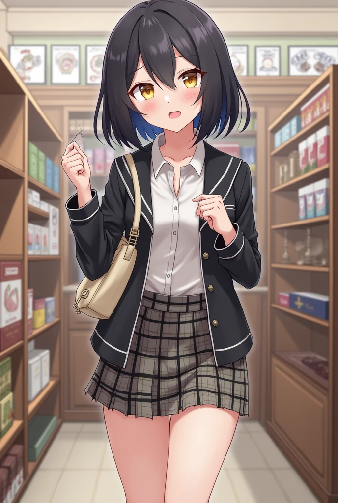 masterpiece, Best quality, 1 girl, food, One, skirt, shop, in room, jacket, shopping, Jewelry, shirt, shelf, short hair, Black hair, plaid skirt, black jacket, yellow eyes, Looking at the viewer, standing, (we are panties, is, crack in the ass, bottomless:1.4, microskirt), (shiny skin:1.2),
