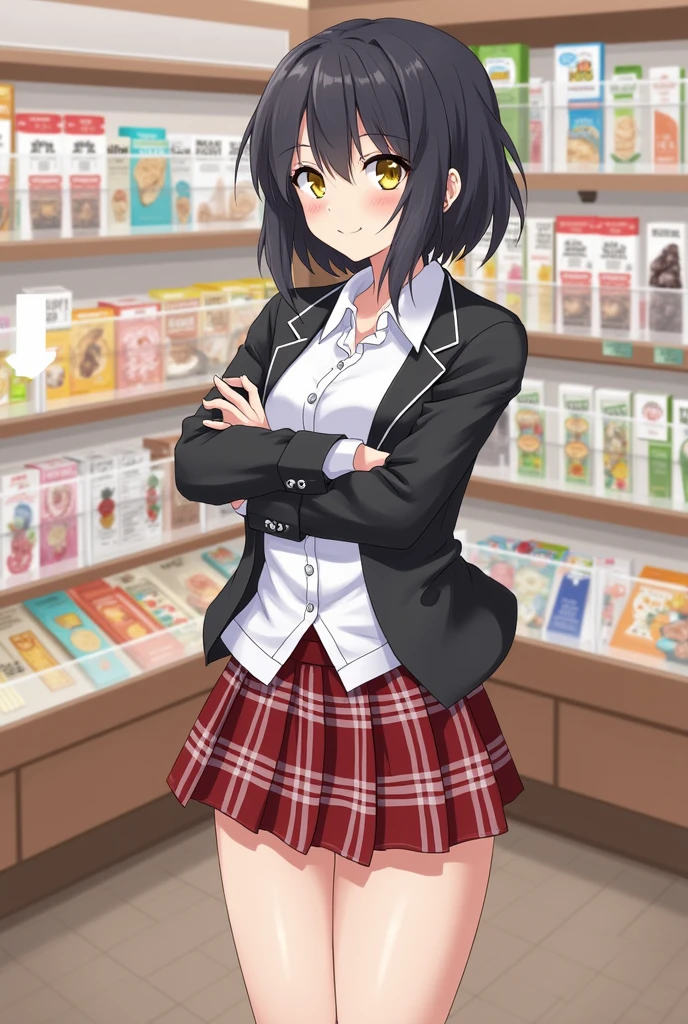 masterpiece, Best quality, 1 girl, food, One, skirt, shop, in room, jacket, shopping, Jewelry, shirt, shelf, short hair, Black hair, plaid skirt, black jacket, yellow eyes, Looking at the viewer, standing, (we are panties, is, crack in the ass, bottomless:1.4, microskirt), (shiny skin:1.2),