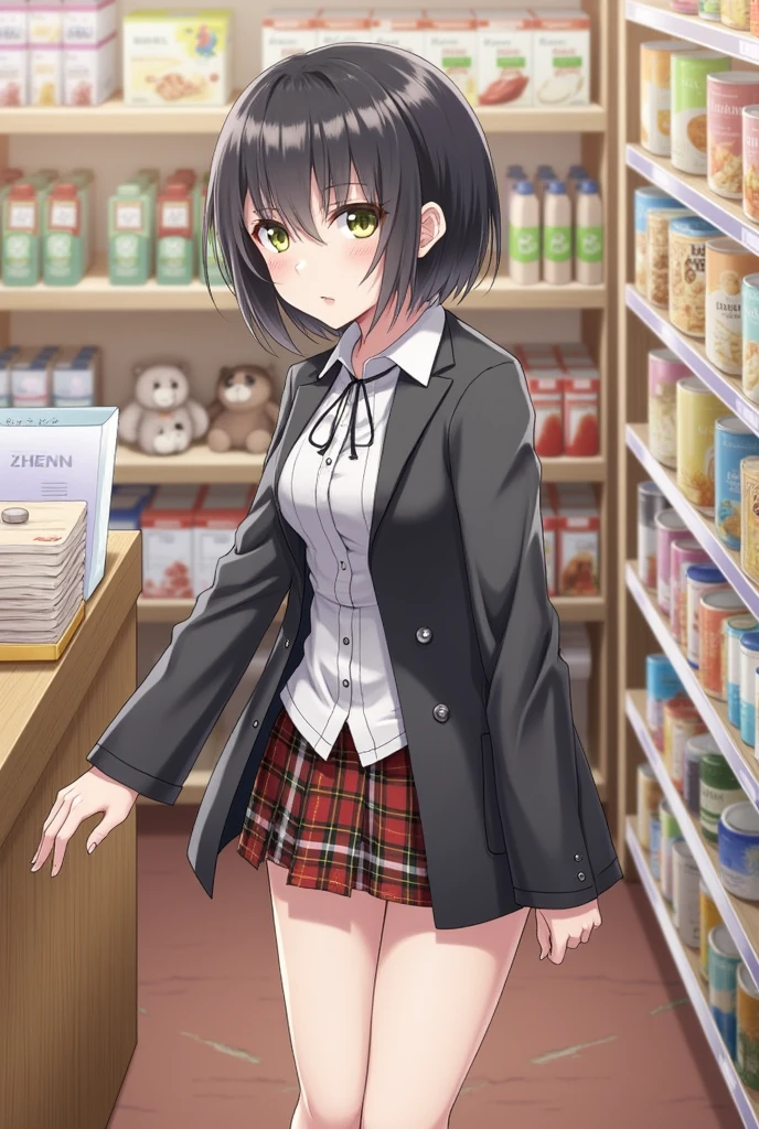masterpiece, Best quality, 1 girl, food, One, skirt, shop, in room, jacket, shopping, Jewelry, shirt, shelf, short hair, Black hair, plaid skirt, black jacket, yellow eyes, Looking at the viewer, standing, (we are panties, is, crack in the ass, bottomless:1.4, microskirt), (shiny skin:1.2), 