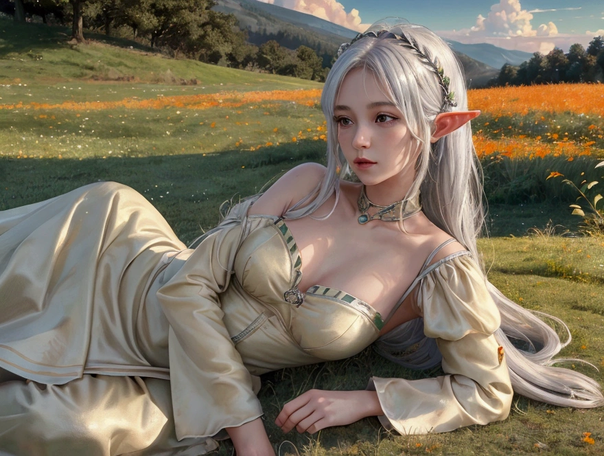 Highest image quality, outstanding details, ultra-high resolution, (realism: 1.4), the best illustration, favor details, highly condensed 1girl, a very beautiful adult female elf wearing cream orange clothes with silver hair. She is sleeping on the grass and looking towards the sky. The background is a green field with a beautiful hill behind it. Full body portrait. Masterpiece