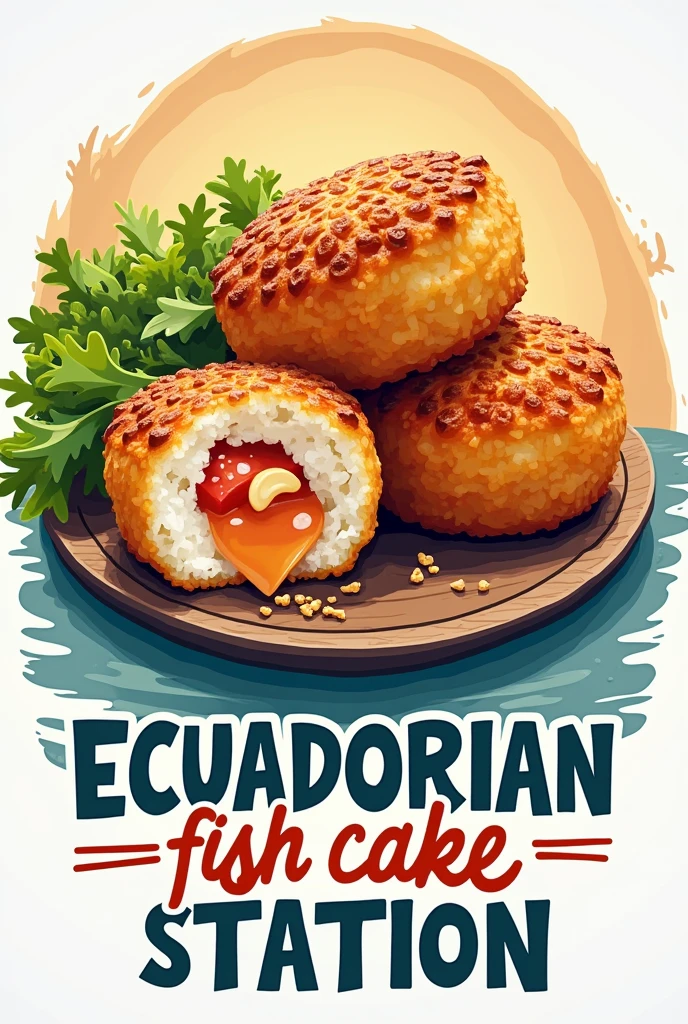A logo that says Ecuadorian Fish Cake Station with a background image of a very practical marine color and that looks delicious with all the letters in Spanish
