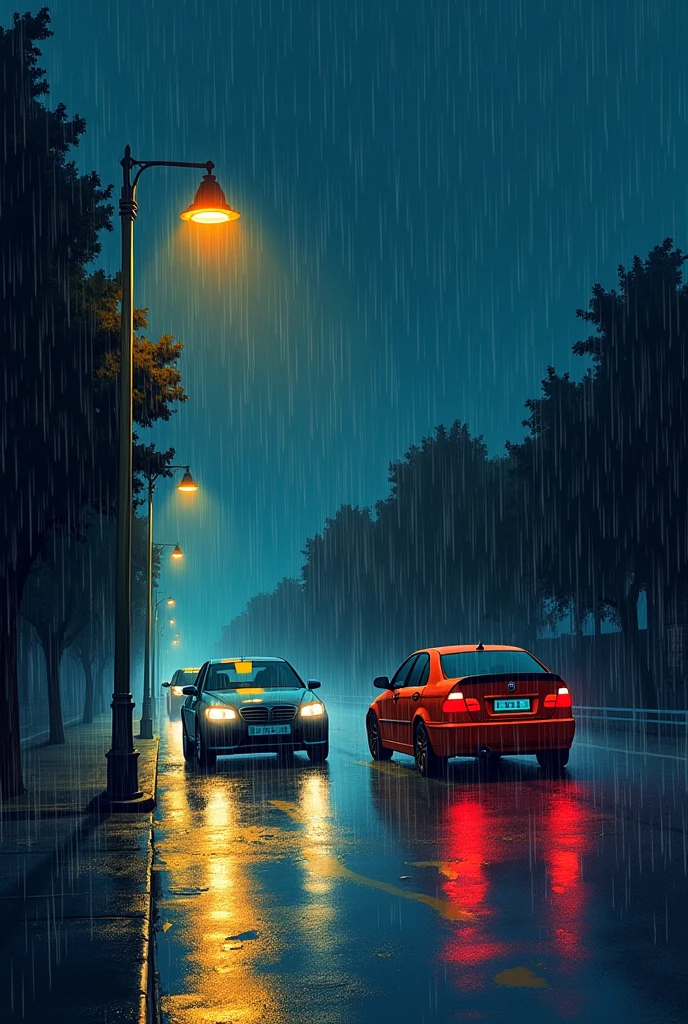 Pluie battante qui tomberait sur des voitures de nuit avec un lampadaire en guise d'éclairage les voitures de face, elle appuie très bien détaillée. Un léger est fait devant de gauche à droite dans un style graphique. Bande dessinée française 2D les couleurs de la pluie doivent bien ressortir et sembler être crayonné au crayon couleur les gouttes de pluie doivent être visibles et très bien détaillé
