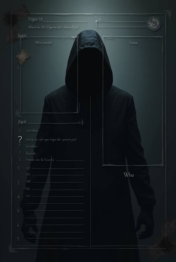 I want you to create a dark template to create the characters with those roles. Type you put on the character sheet template. card. And you put a little box with someone's shadow'the head and a question mark on it. that is, as a protected identity. And then you put down “Character Role&to quote;. And on the other side of the card you put &to quote;Who??&to quote;. in Spanish. And you leave room for me to fill in the gaps. Girl.