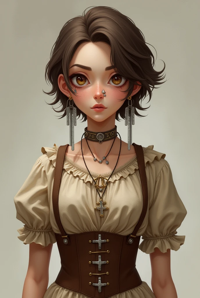 Create me as a character. I am a non-binary female person. Tenho 1,60 tall. I have brown hair like a boy. the hair is parted in the middle, bent back. My eyes are light brown, I have fair skin. I wear 2 piercings in my nose and 3 in my mouth and silver earrings in the shape of a cross.. I wear a very peasant beige dress with a brown corset