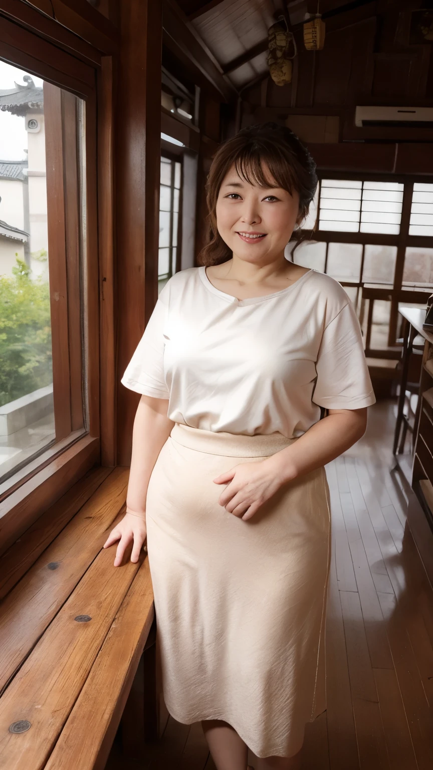 Osaka's aunt、Organic Photography、Highest quality、masterpiece、Ultra-high resolution、Beautiful old lady、50 years old、Full Body Shot,Elegant face、Smiling with teeth showing、Please place your hand on your chest,Large Breasts,Wear a tight t-shirt,Tight Skirt、Hair Bunch、High Ponytail,hot pants,In an old tea house in Beijing,中国のIn an old tea house in Beijing,Background Blur