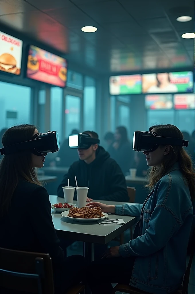 Concept: A congregation of people seated in a fast-food restaurant, each person with a headset on, connected to their own screen showing images of fast food, pornography, and shopping sites. They’re all oblivious to each other, immersed in their individual experiences of consumerism and pleasure.