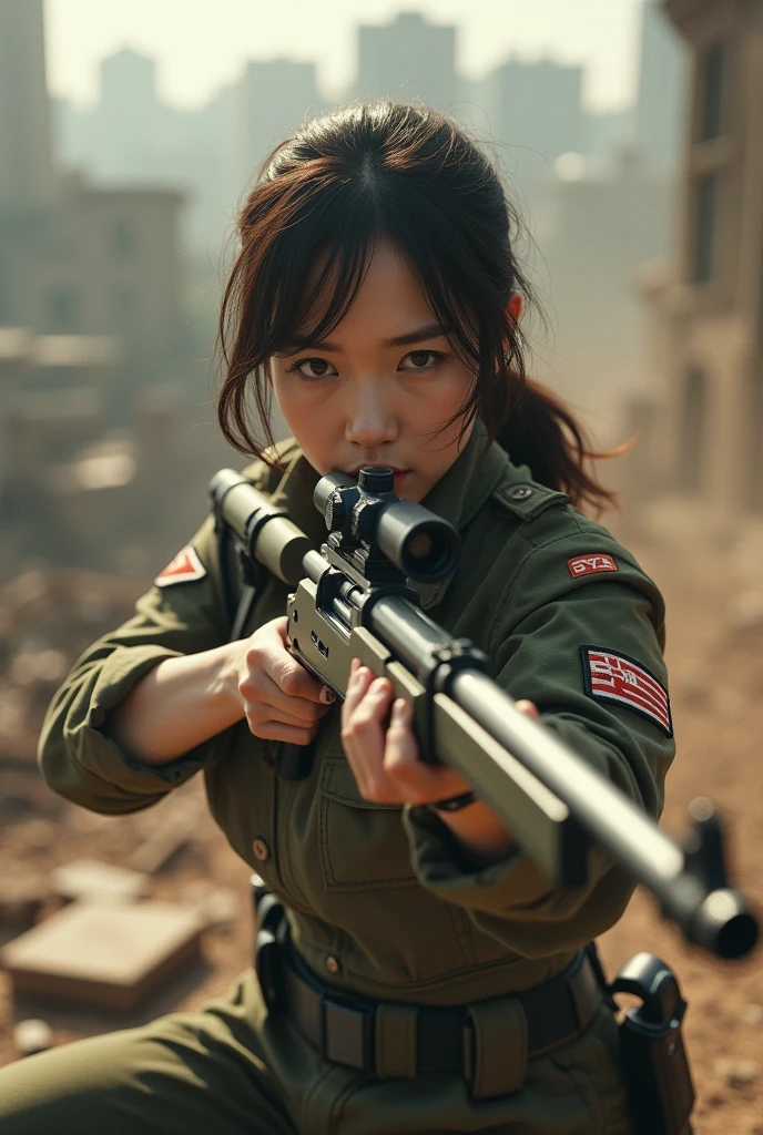 photorealistic、Realistic skin textures、A beautiful Japanese woman belonging to the hong kong military is aiming with a big sniper rifle.、on a roof top、On the rubble、brown dust smoke、Action poses with movement、Image from front top