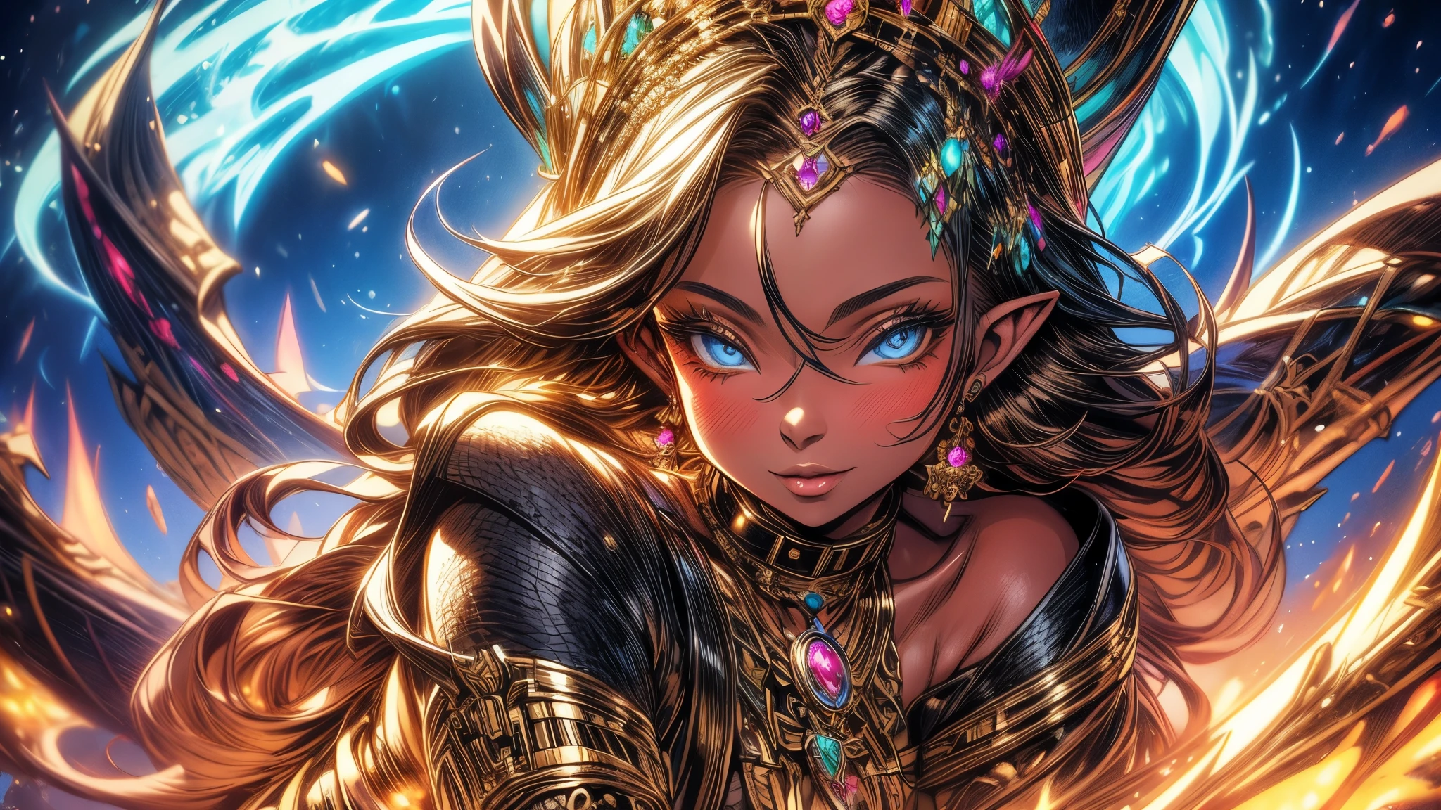 A hyper-maximalist fantasy scene featuring an intricately detailed elven girl with wide curves and a stunningly detailed face, set against a vibrant, magical background, in a digital painting style reminiscent of Artgerm, Paul Lewin, and Kehinde Wiley.