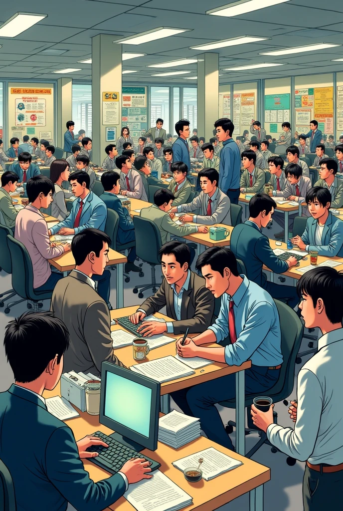 Create a primer on preventing conflicts and legal problems in a work environment where employees work hard and without rest in the Japanese manga style