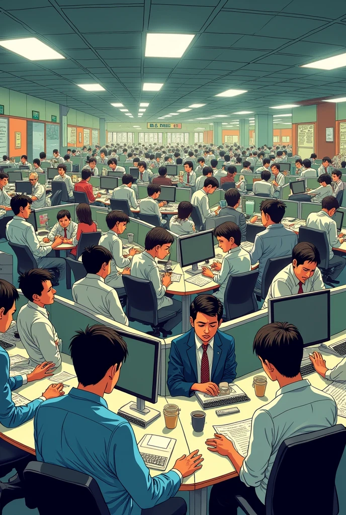 Create a primer on preventing conflicts and legal problems in a work environment where employees work hard and without rest in the Japanese manga style