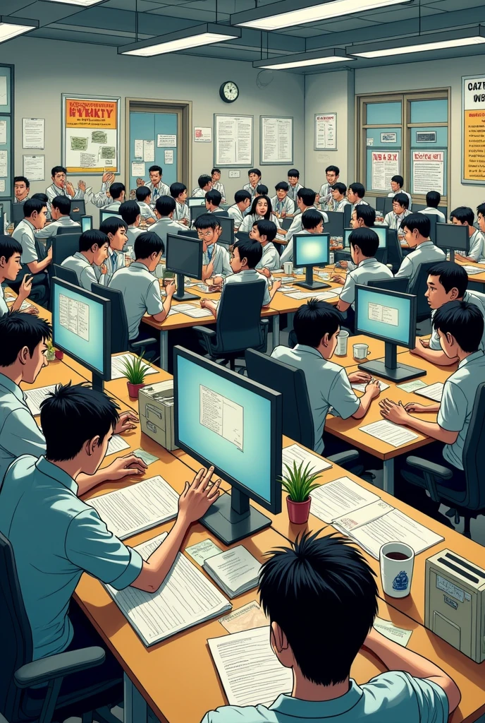 Create a primer on preventing conflicts and legal problems in a work environment where employees work hard and without rest in the Japanese manga style