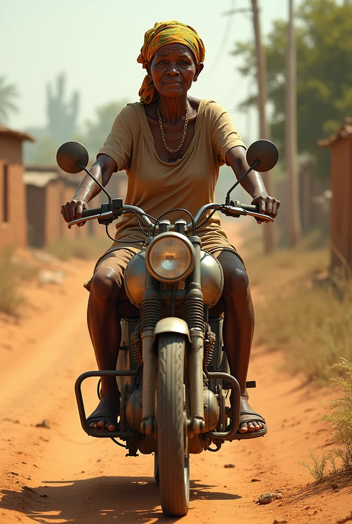 An old African woman riding a motorbike