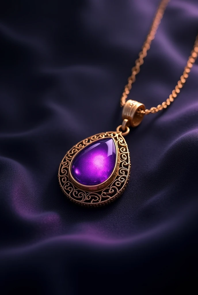 Low-detailed gold magic necklace, with a tiny, shiny, violet-colored stone inside, Black background, dark and gloomy background.
