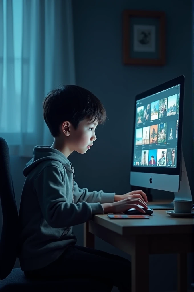 A boy is editing pictures on the computer at night