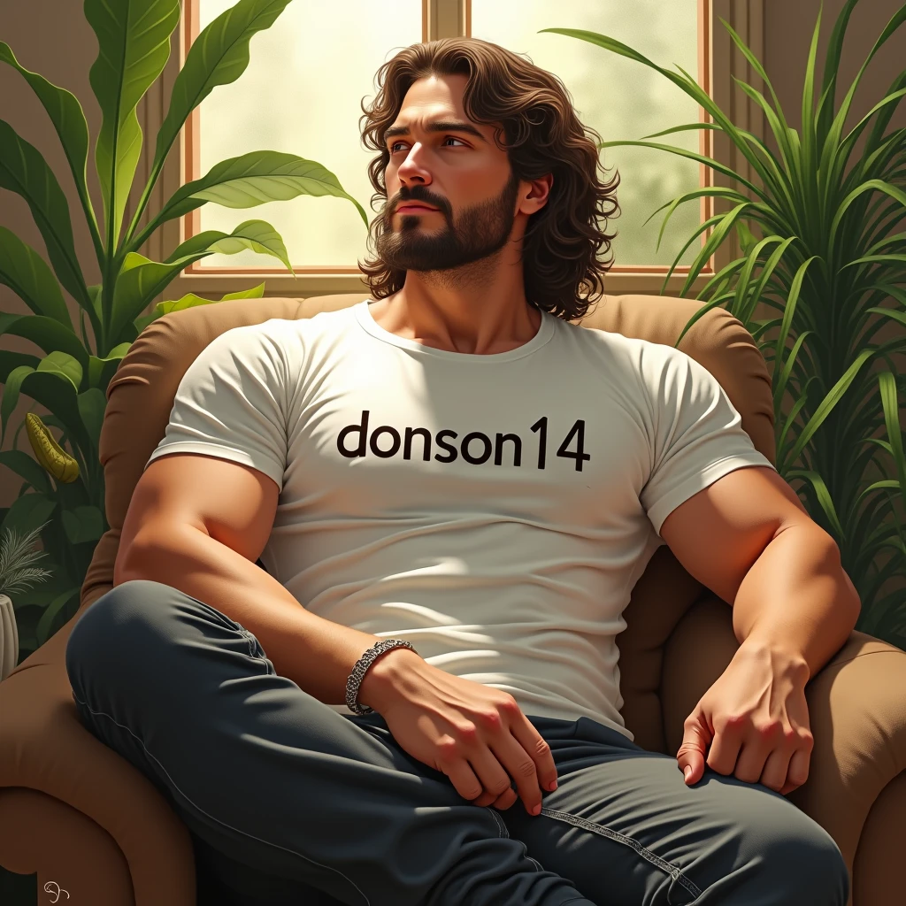 (photorealism:1.2), muscle man, sitting on a chair, wearing a white T-shirt with DONSON14 WRITE ON it, pants, long curly hair, , soft lighting, plants in background, with sunlight, relaxed pose, realistic, intricate details, warm colors, by Greg Rutkowski, by Alphonse Mucha