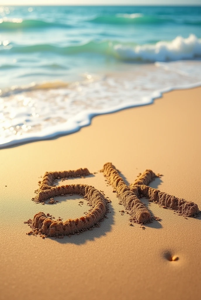 Realistic beach photo, textured sand, sea shore, written in the sand with relief "5K"
