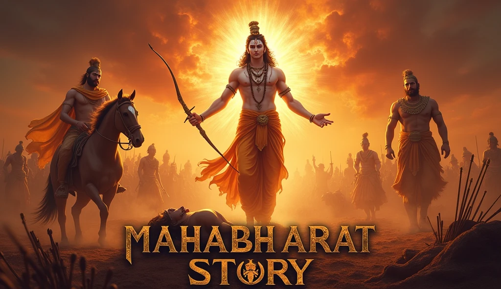 Design a powerful and epic thumbnail for a "Mahabharat Story" video. The image should feature central characters from the Mahabharat, with Lord Krishna in the center, depicted in his divine form, glowing with an ethereal light. Surround him with Arjuna, holding his bow and arrow, and Bhishma lying on a bed of arrows. The background should depict the intense battlefield of Kurukshetra, with chariots, warriors, and a dramatic sunset sky filled with dust and clouds. The title "Mahabharat Story" should be displayed in bold, ancient-style text, with a weathered gold texture, either at the top or bottom of the image. The overall color palette should be fiery and intense, using deep reds, oranges, and golds to capture the grandeur and drama of the epic.