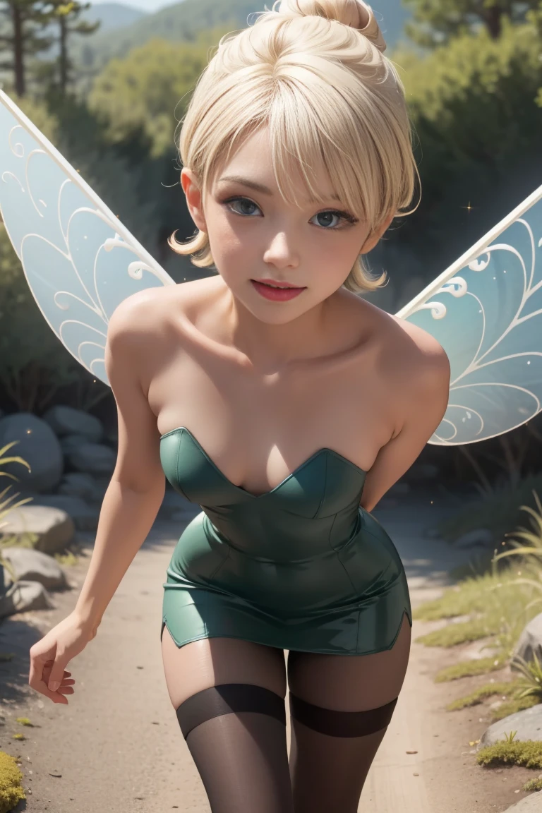 (Tinker Waifu:1), SMILE, sexy, naughty pose, looking at the viewer, small breasts, flat chest, neckline, moño de un Alone cabello, short blonde hair, big blue eyes, (Green strapless dress:1), (glossy tan tights), (shiny flesh coloured tights), (sparkling fairy wings), (focus on breasts:1.2), From above, (realist:1.2), (realism), (Masterpiece:1.2), (Best Quality), (ultra detailed), (8k, 4k, intricate),(Full body photo:1),(whole body shot), (85mm),partículas de light, Turning on, (Very detailed:1.2),(detailed face:1.2), (Gradients), showy,(detailed eyes:1.2),(detailed background),detailed forest landscape, (dynamic angle:1.2), (dynamic pose:1.2), (third rule_composition:1.3), (Line of action:1.2), plano general, light, Alone, sexy, show skin