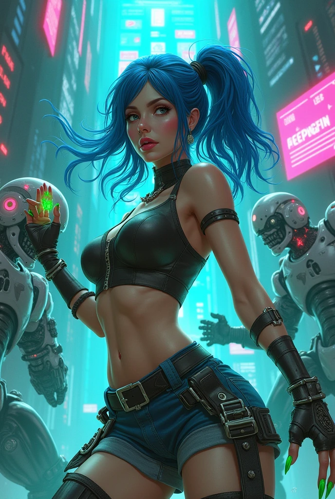 Cyberpunk blue haired woman,at war with sharp green nails in me in a digital scenario,fighting robots