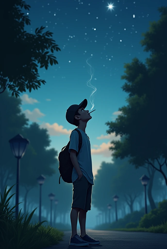 Young man smoking with cap looking at the sky in the park at night