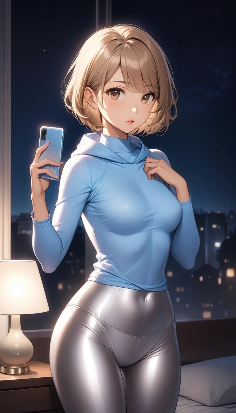 Beautiful 47y young woman with short undercut curly dark blonde hair, tied up hair, with brown eyes wearing ((Tight Silver Low-Rise Leggings), ((Sexy Mock Neck Mid Sleeves Light Blue Shirt With Hood Down)), standing in her bedroom at night, holding her cellphone, (mid-tanned skin), (light brown lipstick), (elegant mascara), (slim body), (small breasts), (wide hips), midjourney, <lora:GoodHands-, <lora:GoodLegs-, UHD, high resolution, (expressive eyes, perfect face, full body, expressive face, perfect body, perfect pussy, athletic, fit, slim body, blushing, Perfect makeup, eyeliner, beautiful eyelashes, smiling, horny face), ((best illumination, best shadows)), ((sexy pose)), score_9_up, score_8_up, score_7_up