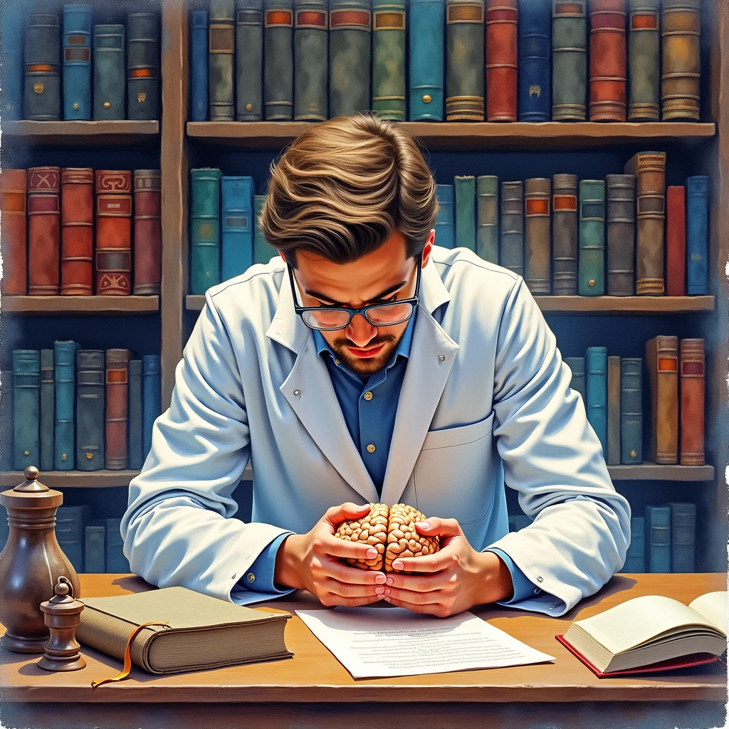 watercolor art of professional scientist studying brain in his study room on background bookshelves with books color photo