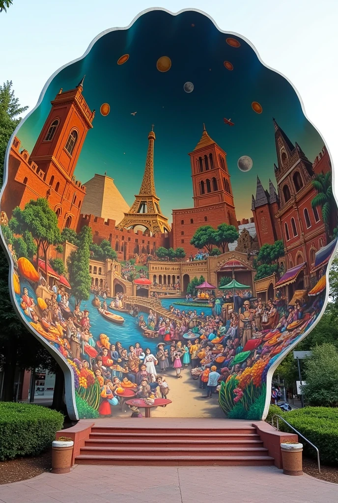 School mural on the shell painted with paint and colors of Mexico including the national symbols, traditions, gastronomy. the story. the territory, music and dance, religion, flora and fauna and the architecture of Mexico
