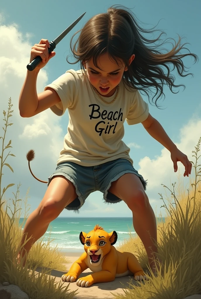 A girl with a t-shirt that says beach girl stabbing kid Simba in the back