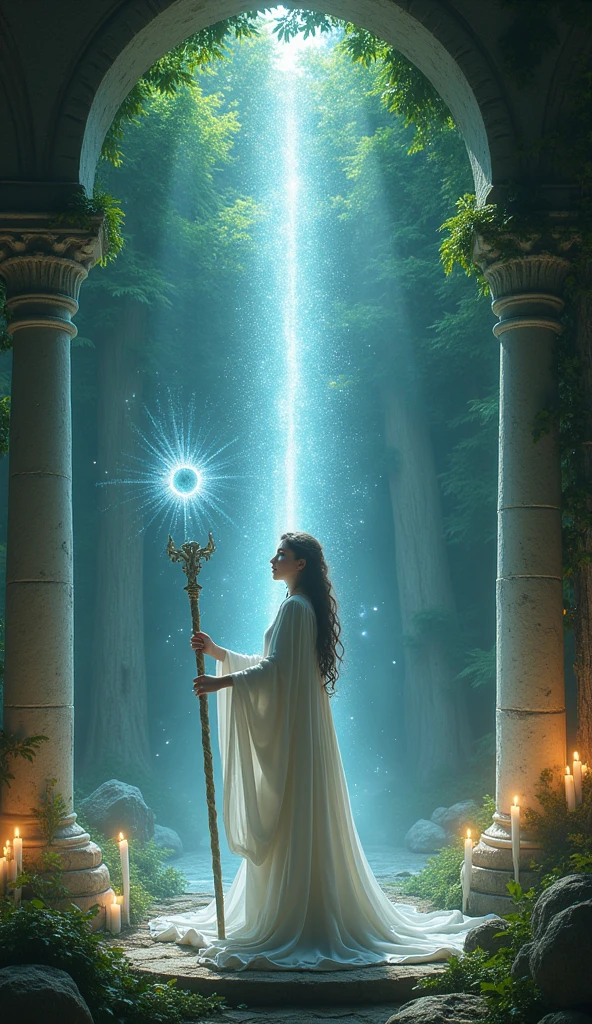 ((Allena the elven high priestess of the elf moon stands before the hidden forest alter and summons the power of the stars to link the earth and sky)). Allena is standing in a shrine hidden amidst a magical forest, with sparkling fairy lights illuminating the surroundings. The white stone columns are shaded by the vibrant green leaves of the towering trees create a mesmerizing backdrop. The shrine altar is lite by canfles . Moonlight filters through the branches, casting ethereal rays of silver light on the elf's ethereal face. She holds a magical staff in her hand, which emits a soft glowing energy, revealing her strong connection with the stars. (She is surrounded in a pillar of silver light that connects the earth and sky), The atmosphere is filled with a sense of serenity and tranquility. The colors in the scene are vibrant and saturated, with a touch of mystical hues, enhancing the magical ambiance. The lighting is soft and gentle, with a warm silver glow, creating a dreamlike and otherworldly atmosphere. The image quality is of the highest standard, with ultra-detailed rendering capturing every intricate detail of the elf's features and the surrounding environment. The overall style of the image is fantasy art, with a blend of realism and a touch of surrealism, capturing the essence of the mystical and enchanting world of elves.