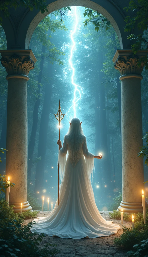 ((Allena the elven high priestess of the elf moon stands before the hidden forest alter and summons the power of the stars to link the earth and sky)). Allena is standing in a shrine hidden amidst a magical forest, with sparkling fairy lights illuminating the surroundings. The white stone columns are shaded by the vibrant green leaves of the towering trees create a mesmerizing backdrop. The shrine altar is lite by canfles . Moonlight filters through the branches, casting ethereal rays of silver light on the elf's ethereal face. She holds a magical staff in her hand, which emits a soft glowing energy, revealing her strong connection with the stars. (She is surrounded in a pillar of silver light that connects the earth and sky), The atmosphere is filled with a sense of serenity and tranquility. The colors in the scene are vibrant and saturated, with a touch of mystical hues, enhancing the magical ambiance. The lighting is soft and gentle, with a warm silver glow, creating a dreamlike and otherworldly atmosphere. The image quality is of the highest standard, with ultra-detailed rendering capturing every intricate detail of the elf's features and the surrounding environment. The overall style of the image is fantasy art, with a blend of realism and a touch of surrealism, capturing the essence of the mystical and enchanting world of elves.