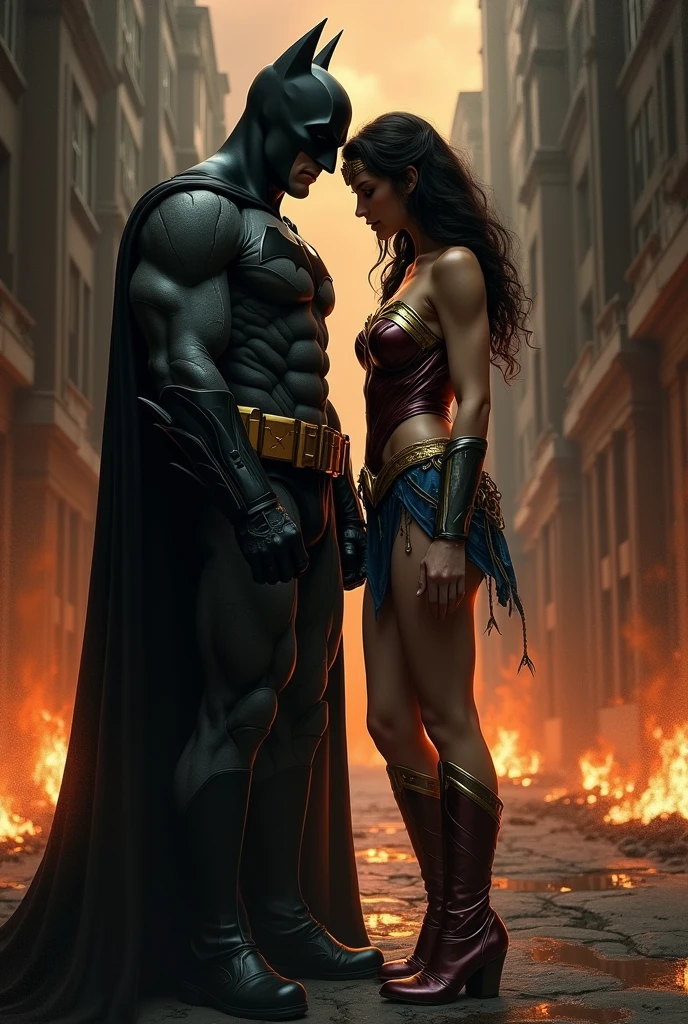 wonder woman "NUDE" and Batman black in real art, night in the ciy gotica in fire, SHE is a beauty woman