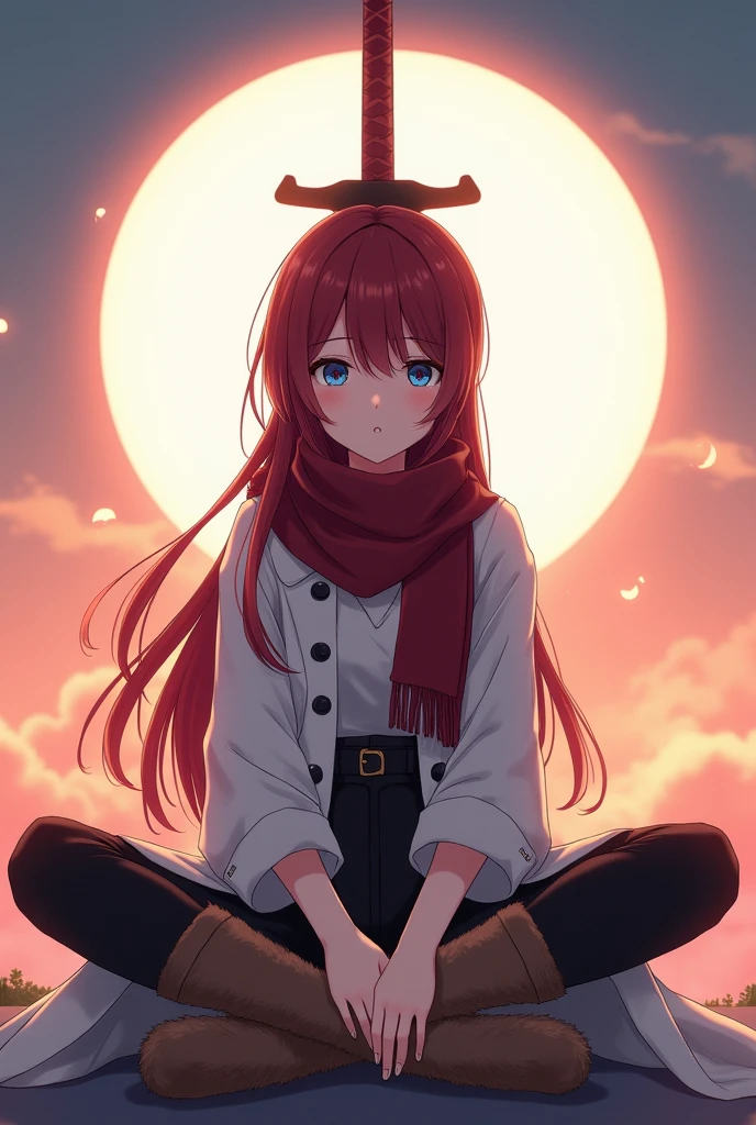 oc anime female, human race, fair skin and medium strong body, long hair, dark red in color and eyelashes of the same color, traditionally Japanese tied hair hairstyle, iris and indigo colored eyes, white pupil, would wear a scarf that would cover from his neck to his shoulders serving as a cape and having some defects in its wine-colored edges, white buttoned coat, reaching the height of the knees, with medium and rolled up sleeves with black details on the clothing, black pants and furry brown boots, would be sitting cross-legged behind a large divine-looking sword, watching the sunrise, while emanating a white aura through his body and the sword.