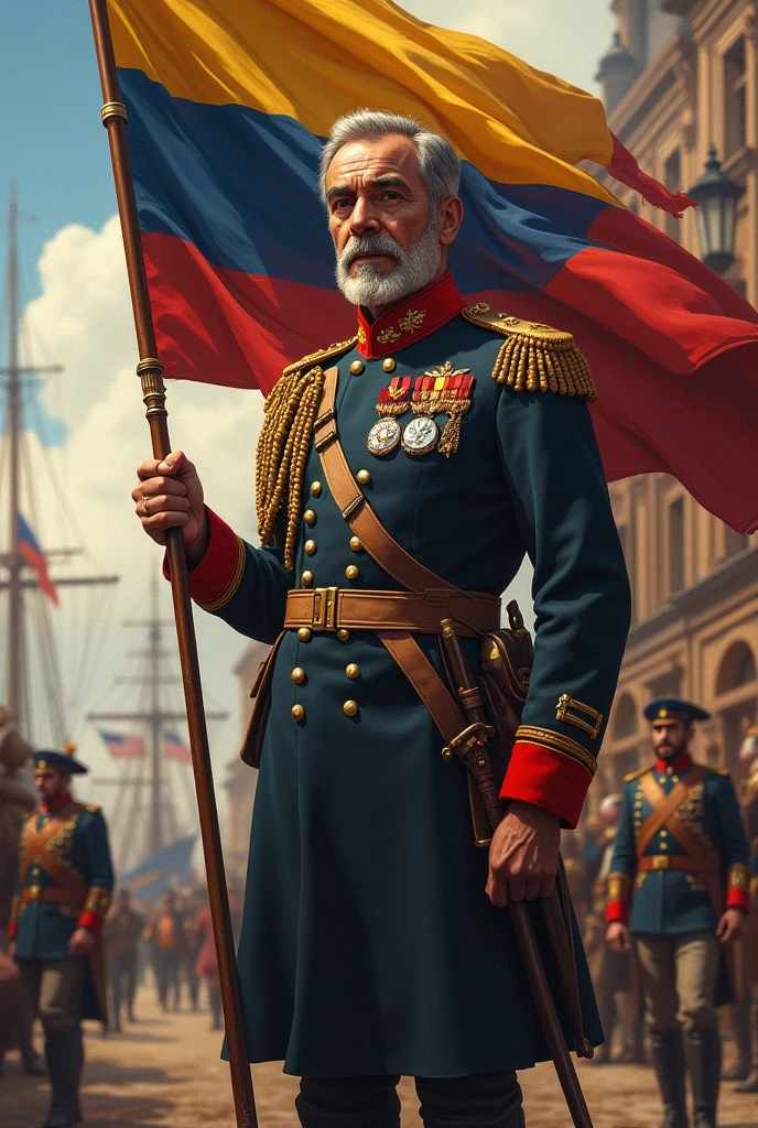 Create an image of Francisco de Miranda (white male in his 50s, with gray hair and a general's uniform) Carrying the flag of Venezuela, that the background is from a seaport