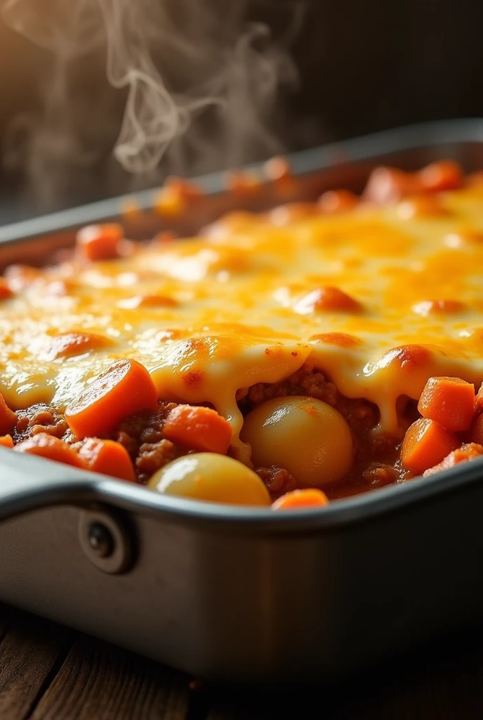 A close-up, slightly angled shot of a delicious, bubbling hot casserole fresh from the oven. The casserole, featured in a stainless steel baking dish, consists of tender potatoes, vibrant orange carrots, and savory ground beef, all bathed in a rich, flavorful sauce and topped with a generous layer of perfectly melted, golden-brown mozzarella cheese.
Lighting: Soft, warm lighting from above illuminates the casserole, highlighting the glossy sheen of the melted cheese and the vibrant colors of the vegetables. The light creates gentle shadows in the crevices of the dish, adding depth and texture.
Composition: The casserole dish is positioned slightly angled, creating a dynamic and inviting composition. The focus is sharp on the cheesy topping, with a shallow depth of field subtly blurring the edges of the dish and the background.
Details:
Emphasize the appealing texture of the dish: the bubbly cheese, the soft potatoes, and the slightly crisp edges of the carrots.
Capture the steam gently rising from the casserole, conveying the sense of a warm, comforting meal.
Ensure the color accuracy of the dish: golden-brown cheese, light brown ground beef, creamy white potatoes, and bright orange carrots.
Style: Photorealistic, with a focus on food photography aesthetics. Aim for a high-resolution image with exceptional detail and clarity.
Keywords: Casserole, potato casserole, ground beef, carrots, mozzarella cheese, melted cheese, bubbling hot, stainless steel baking dish, warm lighting, shallow depth of field, steam, delicious, comforting, home-cooked meal, macro photography. 8k masterpiece