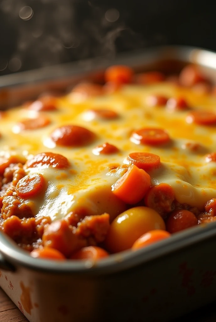 A close-up, slightly angled shot of a delicious, bubbling hot casserole fresh from the oven. The casserole, featured in a stainless steel baking dish, consists of tender potatoes, vibrant orange carrots, and savory ground beef, all bathed in a rich, flavorful sauce and topped with a generous layer of perfectly melted, golden-brown mozzarella cheese.
Lighting: Soft, warm lighting from above illuminates the casserole, highlighting the glossy sheen of the melted cheese and the vibrant colors of the vegetables. The light creates gentle shadows in the crevices of the dish, adding depth and texture.
Composition: The casserole dish is positioned slightly angled, creating a dynamic and inviting composition. The focus is sharp on the cheesy topping, with a shallow depth of field subtly blurring the edges of the dish and the background.
Details:
Emphasize the appealing texture of the dish: the bubbly cheese, the soft potatoes, and the slightly crisp edges of the carrots.
Capture the steam gently rising from the casserole, conveying the sense of a warm, comforting meal.
Ensure the color accuracy of the dish: golden-brown cheese, light brown ground beef, creamy white potatoes, and bright orange carrots.
Style: Photorealistic, with a focus on food photography aesthetics. Aim for a high-resolution image with exceptional detail and clarity.
Keywords: Casserole, potato casserole, ground beef, carrots, mozzarella cheese, melted cheese, bubbling hot, stainless steel baking dish, warm lighting, shallow depth of field, steam, delicious, comforting, home-cooked meal, macro photography. 8k masterpiece