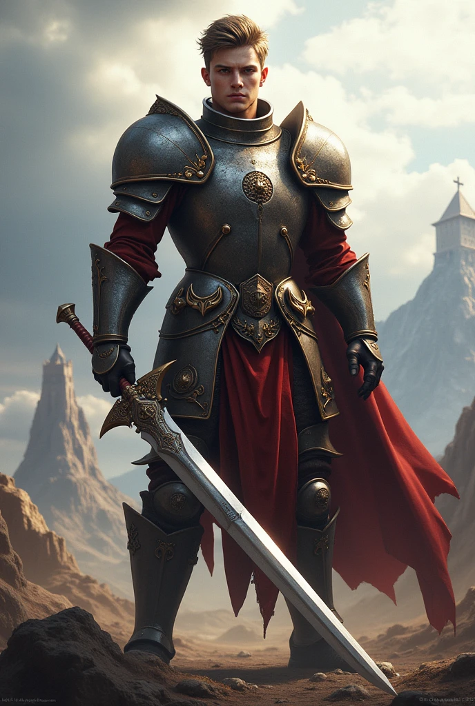 Create a detailed image of a high-level human warrior from Albion Online. The character is wearing high-quality metal armor adorned with intricate designs and emblems, reflecting their wealth and experience. They wield a large, elegantly designed two-handed sword. The setting is a medieval battlefield with distant mountains and an imposing fortress in the background. The sky is partly cloudy, with sunlight breaking through the clouds and illuminating the warrior. The warrior has a determined and confident expression, short, tousled hair, and wears a helmet with the visor raised to reveal their face. Add details like dust and grime on the armor and sword to convey an intense battle. The image should capture the fantasy medieval atmosphere and the sense of adventure and bravery associated with Albion Online.