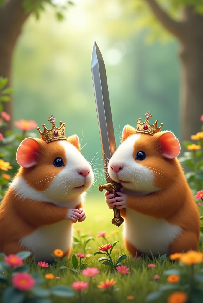 Fais moi une photo d’un cochon d’inde avec une couronne de princesse et d’un autre avec une epee